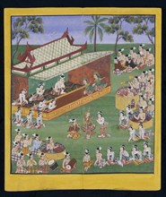 Performance with Musicians & Dancers, one of a series of illustrations depicting the King & Queen of Burma involved in various military activities. Mandalay, Burma, 19th century