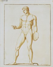 Drawing of antique sculpture of a naked man, by John Deare. Great Britain, late 18th century