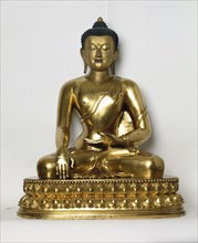 "Sculpture - seated Buddha; copper, gilt-painted; Tibetan; c. 18th century."