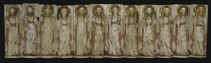 The twelve apostles each holding his emblem and a colour scroll inscribed with a sentence of the creed in Latin. England, c. 1450