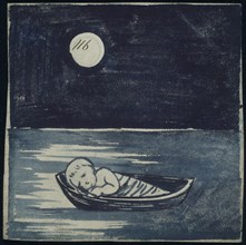 De Morgan, Motif pour un carreau bleu représentant un nouveau-né dans une barque