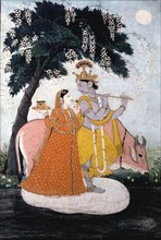 Krishna playing the flute to Radha beside a cow. Kangra, India, early 19th century
