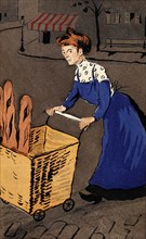 Femme poussant un chariot à pain