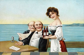 Two men and waitress. Europe, 19th-20th century