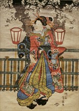Yoshifuji, Jeune courtisane le soir sous un cerisier en fleurs