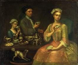 A Family of Three at Tea, by Richard Collins. England, early 18th century
