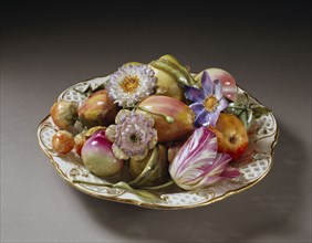 Dish with modelled fruit and flowers. Shropshire, England, early 19th century