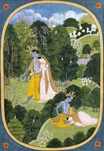 Radha and Krishna walking in a grove. Punjab Hills, India, 1810-12