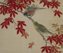 Two Birds perching on the branches of a Red Maple. Japan, 19th century