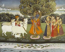 Krishna playing the flute to the gopis. Jaipur, India, 1840