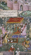 Babur receiving Uzbeck & Rajput envoys in a garden at Agra on December 18th, 1528. Mughal, India, 1590