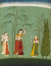 A Princess, her maid and a fly-whisk bearer amongst flowering trees. Bundi, Rajasthan, India, late 17th century
