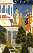 Raja Jagat Singh II walking with ladies on the Palace roof at Udaipur. India, mid-18th century
