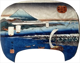 View of Miho-no-ura in Suruga Province, Uchiwa-e-size Nishiki-e, by Utagawa Hiroshigea