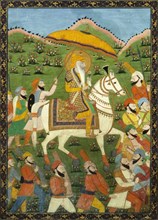 Maharaja Ranji Singh riding a white horse. India, 19th century