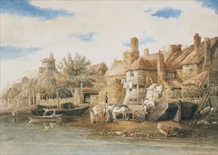 Fishermen's Houses by the Thames at Lambeth, by William Henry Pyne. England, 18th-19th century