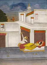 Lover shooting at a cock, herald of the dawn. India, late 18th century