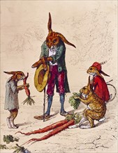 Large rabbit in human costume surrounded by small rabbits feeding, by Ernest Griset. England, 19th century
