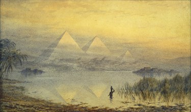 The Pyramids during the Nile flood, by Henry Noel Shore. Egypt, 19th-20th century