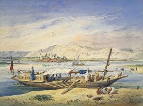 Kanja on the Nile at Luxor, by Achille-Constant-Theodore Emile Prisse d'Avennes. Egypt, 19th century