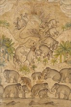 The mythical bird Smurgh, grasping elephants in its claws. India, mid-17th century