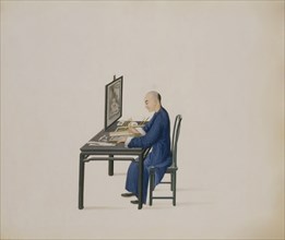 Artisan copying a painting onto the reverse of a sheet of glass. China, c.1790