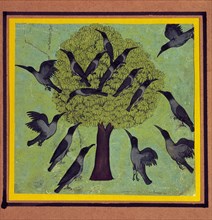 A Tree with Crows Perched in its Branches, with Others Flying Around It.  Rajasthan, India, c.1850