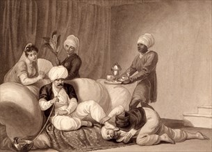 Turkish Pasha receiving pardon, by W. Craig. Turkey, early 19th century