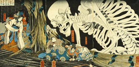 The Witch Takiyashi calling up a monstrous skeleton-spectre to frighten Mitsukuni, by Utagawa Kuniyoshi. Japan, mid-19th century