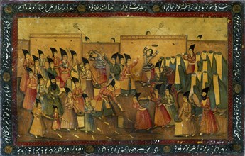 Scene depicting musicians and dancers. Bookbinding. Persia, 19th century