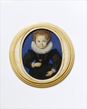 Girl aged five, holding a carnation, by Isaac Oliver. England, 16th century