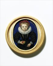 Girl aged four, holding an apple, by Isaac Oliver. England, 16th century