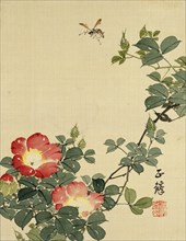 Wasp, Red Flower and Foliage, by Seiho. Japan, 19th century