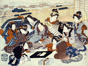 An actor seated surrounded by fashionable women, by Utagawa Kunisada. Japan, 19th century