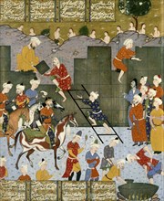 Alexander building his rampart against Gog and Magog. Shiraz, Iran, 16th century