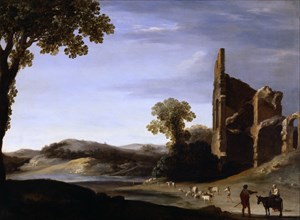 Landscape with Classical Ruins and Figures, by Bartholomeus Breenbergh. Rome, Italy, 17th century