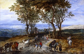 Country Road Scene with Figures, by Jan Brueghel the Elder. Antwerp, Belgium, 17th century