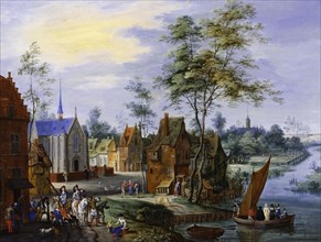 A Flemish Village with a River View, by Peteer Gysels. Antwerp, Belgium, 17th century