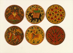 Six playing cards. Kashmir, India, 19th century