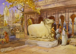 The Bull Nandi in the courtyard of the Golden Temple, by William Simpson. Benares, India, 19th century