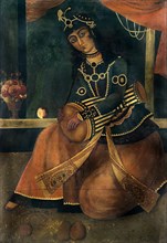 Lady seated playing a drum. Iran, Qajar dynasty, early 19th century
