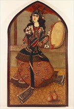 Lady playing the tambourine. Iran, Qajar dynasty, mid-19th century