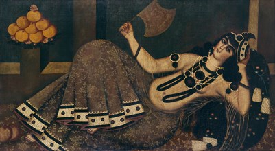 Lady reclining and holding a fan. Iran, Qajar dynasty, 19th century