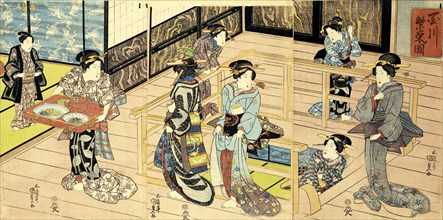 Interior view of a restaurant, by Utagawa Kunisada. Woodblock Print. Japan, c.1820