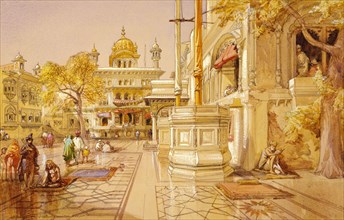 Akal Boonga at the Golden Temple at Amritsar, by William Simpson. Punjab, India, 19th century