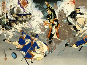 Japanese officers firing into falling Chinese soldiers. Japan, late 19th century