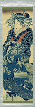 Oiran parading wearing a blue dress, by Keisai Eisen. Japan, 1830