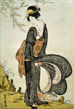 A Beauty Bothered by the Wind under a Willow, by Utagawa Toyohiro. Japan, 19th century
