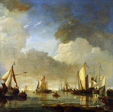 Large Ships and Boats in a Calm, by Willem Van De Velde. The Netherlands, 17th-18th century