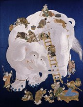 White elephant washed by 18 men, embroidered on a fukusa. Japan, 19th century
